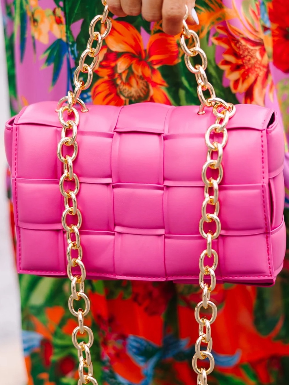 Quilted Chain-Handle Shoulder Bag in Hot Pink